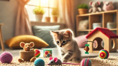 A playful kitten exploring a cozy indoor environment with colorful toys.