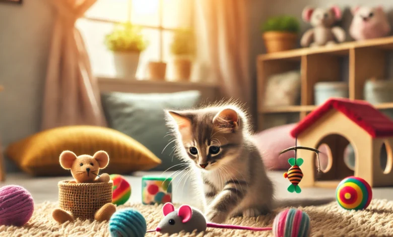 A playful kitten exploring a cozy indoor environment with colorful toys.