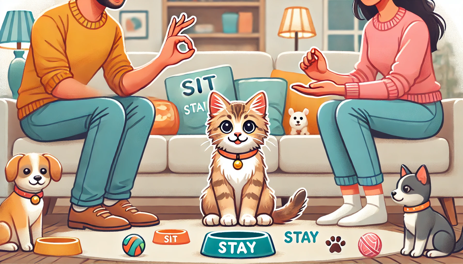 A playful kitten sitting attentively in front of a person demonstrating commands.