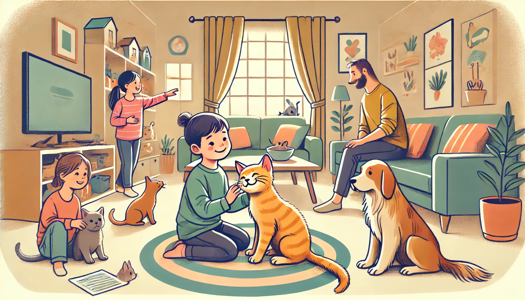 A playful kitten socializing with a child and a dog in a cozy living room.