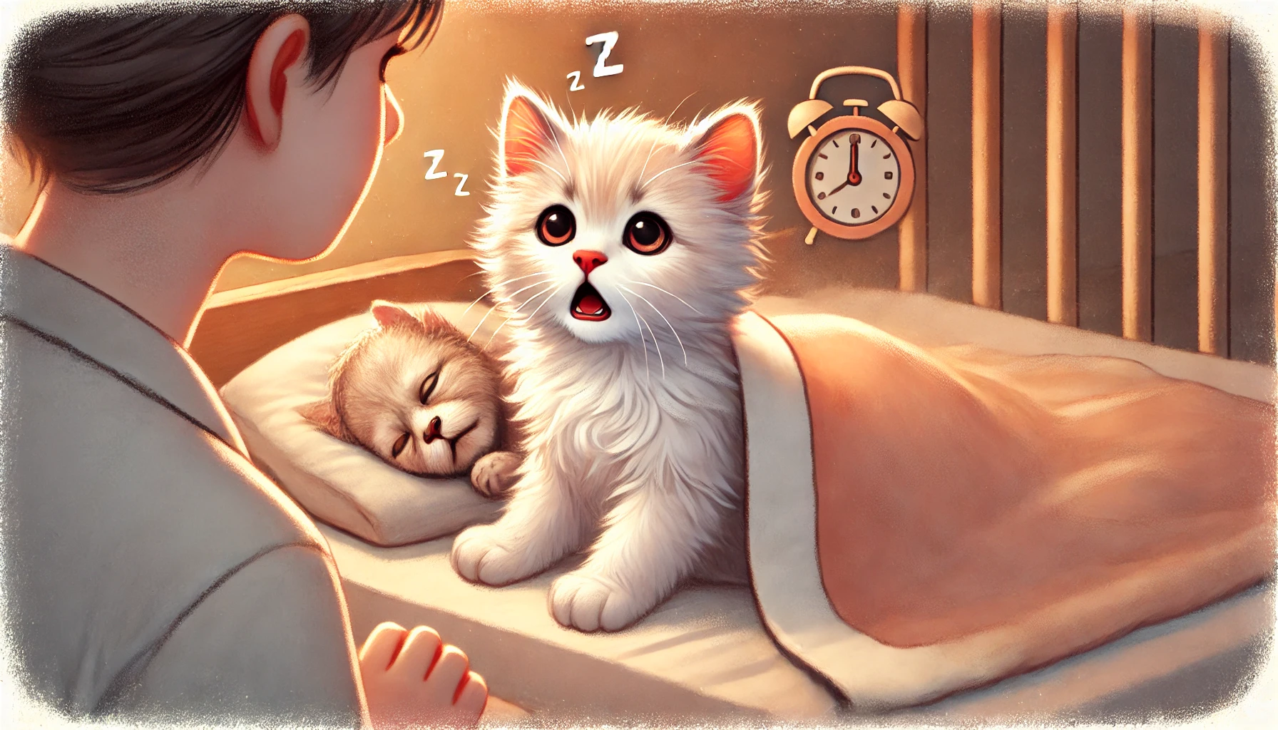 A concerned scene of a fluffy kitten in its bed looking restless, suggesting signs of sleep apnea.
