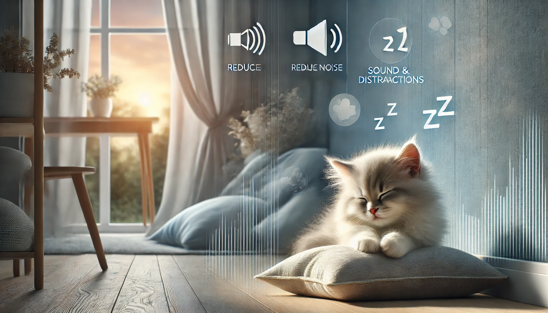 A serene scene depicting a fluffy kitten sleeping in a cozy corner, with elements that suggest a quiet environment.
