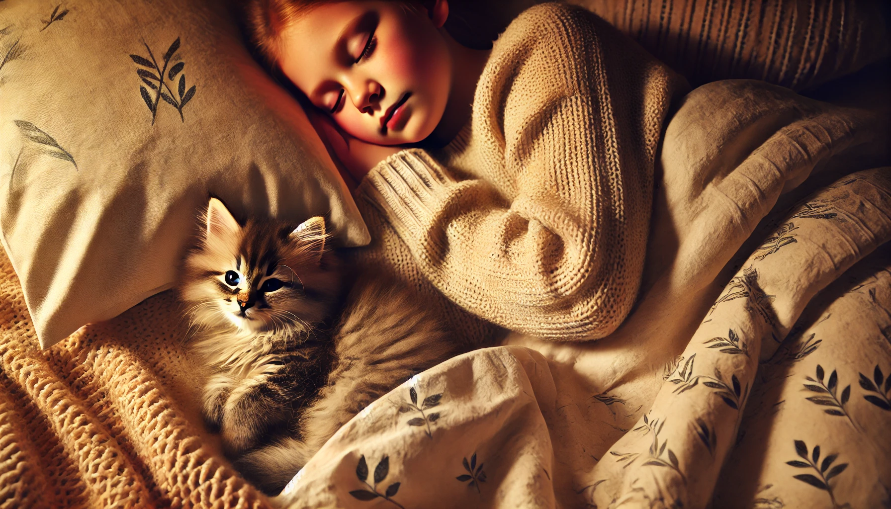 A heartwarming scene of a fluffy kitten snuggled next to a sleeping person in bed.