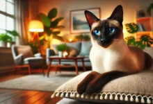 A beautiful Siamese cat lounging gracefully on a soft cushion, showcasing its striking blue eyes and sleek, elegant body.