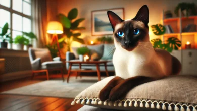 A beautiful Siamese cat lounging gracefully on a soft cushion, showcasing its striking blue eyes and sleek, elegant body.
