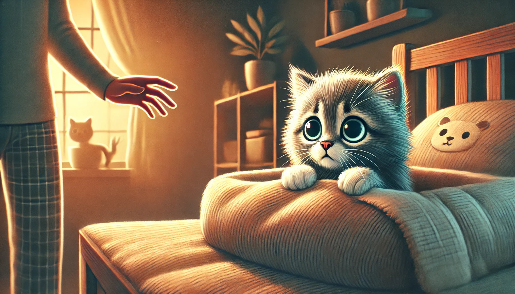 A concerned scene of a fluffy kitten looking alert in its bed, indicating anxiety affecting its sleep.