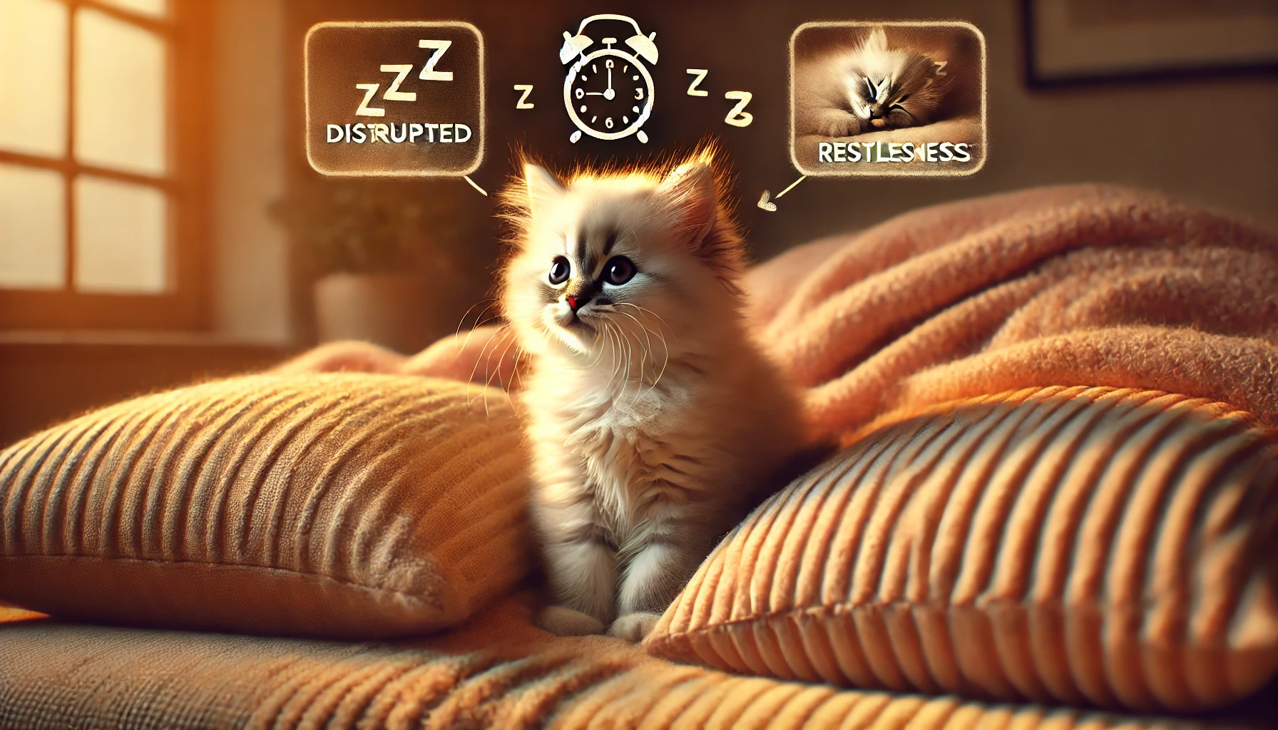 A scene depicting a fluffy kitten looking restless, with ears perked up and eyes partially open, indicating disrupted sleep.