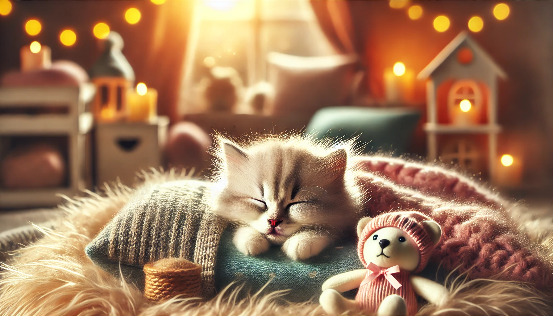 A heartwarming scene of a fluffy kitten peacefully sleeping in a cozy bed.