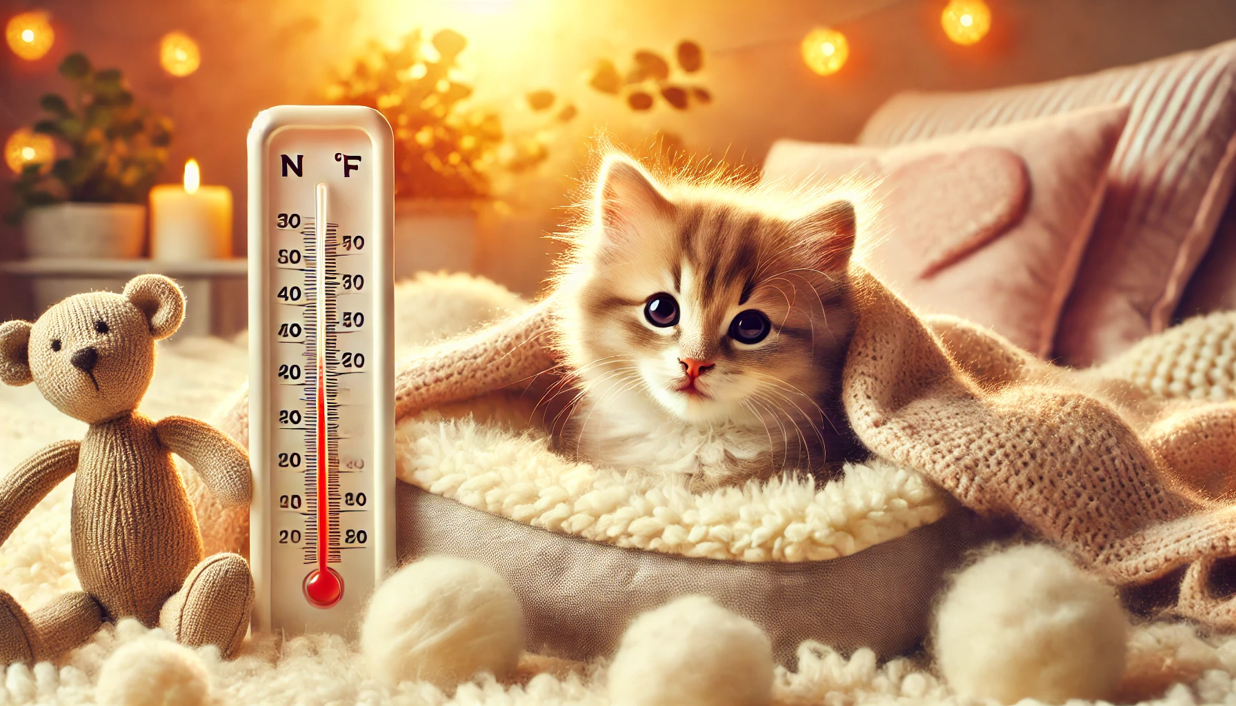 A warm scene depicting a fluffy kitten snuggled in a plush blanket in a cozy bed.