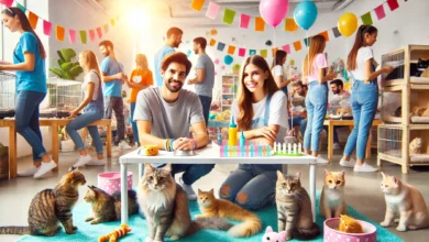 A vibrant scene at a cat adoption event, showcasing various rescue cats and happy potential adopters.