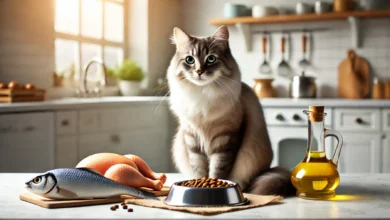 A healthy cat sitting near a bowl of food with fish, chicken, and a bottle of oil nearby in a bright kitchen setting.
