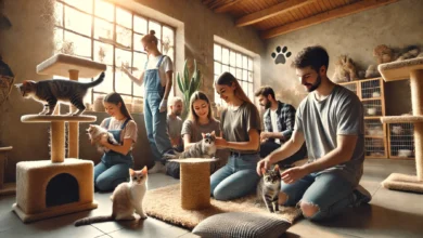A group of volunteers interacting with cats in a clean and inviting animal shelter.