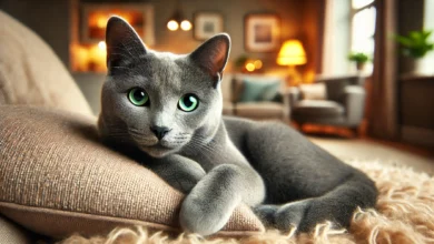 A beautiful Russian Blue cat lounging on a plush cushion.