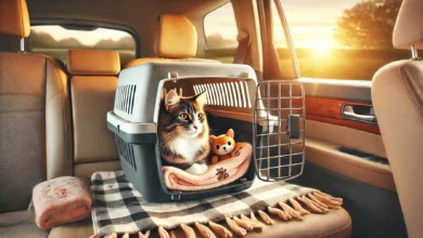 A peaceful travel scene featuring a calm, nervous cat in a cozy, well-ventilated pet carrier inside a car.