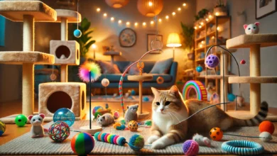 A playful cat surrounded by various colorful cat toys in a cozy indoor environment.
