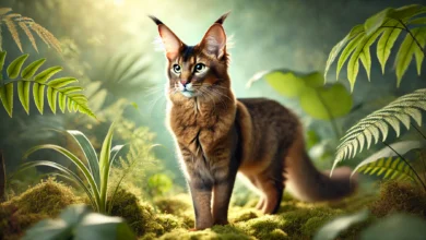 A Chausie cat standing alert in a natural, semi-wild environment with lush green foliage and sunlight filtering through.