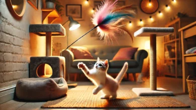 A playful cat mid-pounce, reaching out to a feather wand toy in a cozy indoor setting with soft lighting and furnishings.