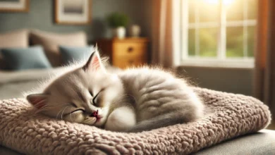 A peaceful scene depicting a sleeping kitten curled up on a cozy fleece blanket in a serene room setting.