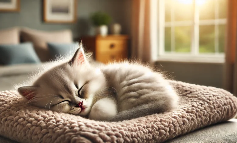 A peaceful scene depicting a sleeping kitten curled up on a cozy fleece blanket in a serene room setting.