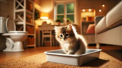A playful kitten exploring a clean litter box in a cozy indoor setting.