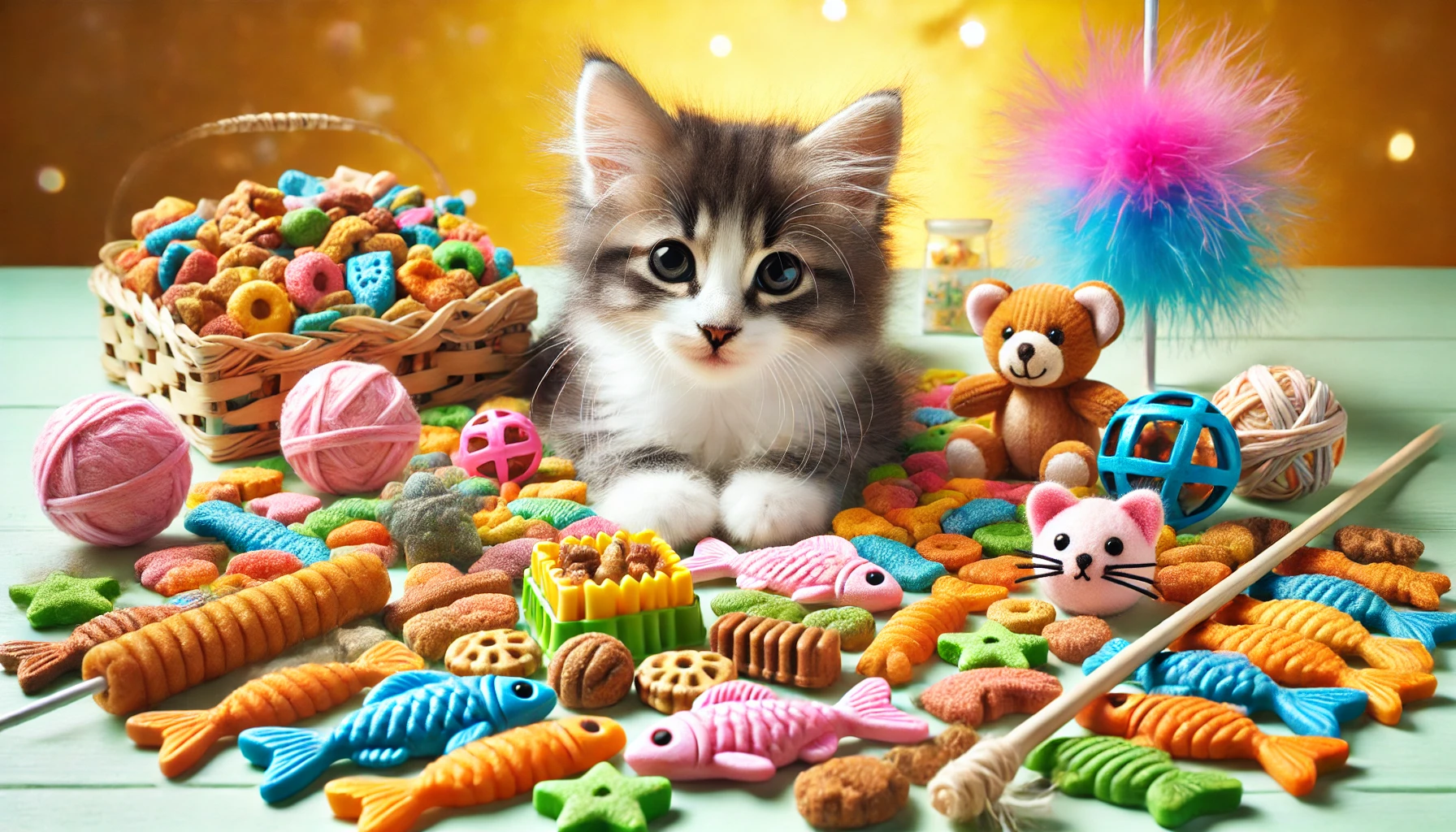 An assortment of colorful treats and interactive toys for kittens.
