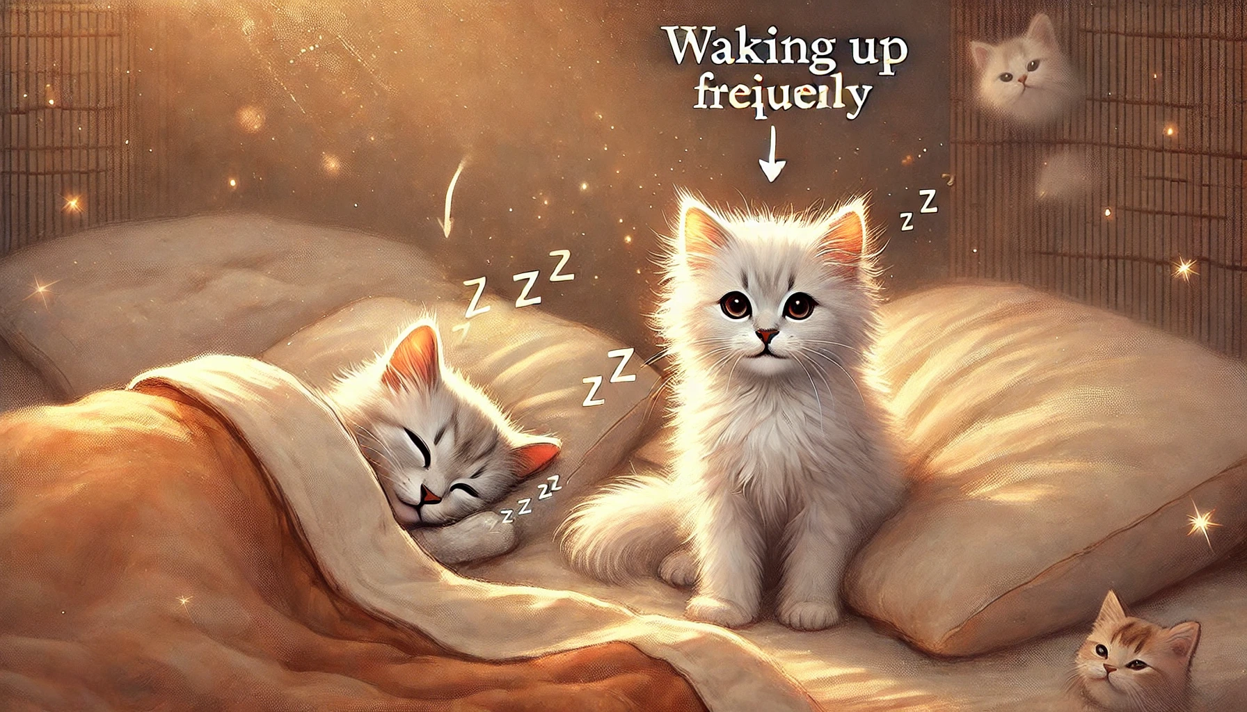A scene depicting a fluffy kitten waking up and looking around with curiosity, while another kitten sleeps nearby.