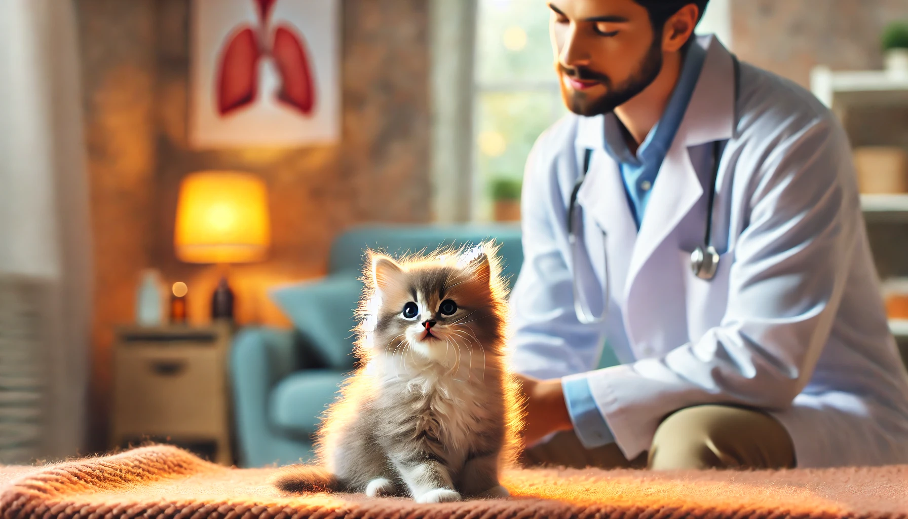 A thoughtful scene of a fluffy kitten looking up with concern, while a caring figure kneels beside it.