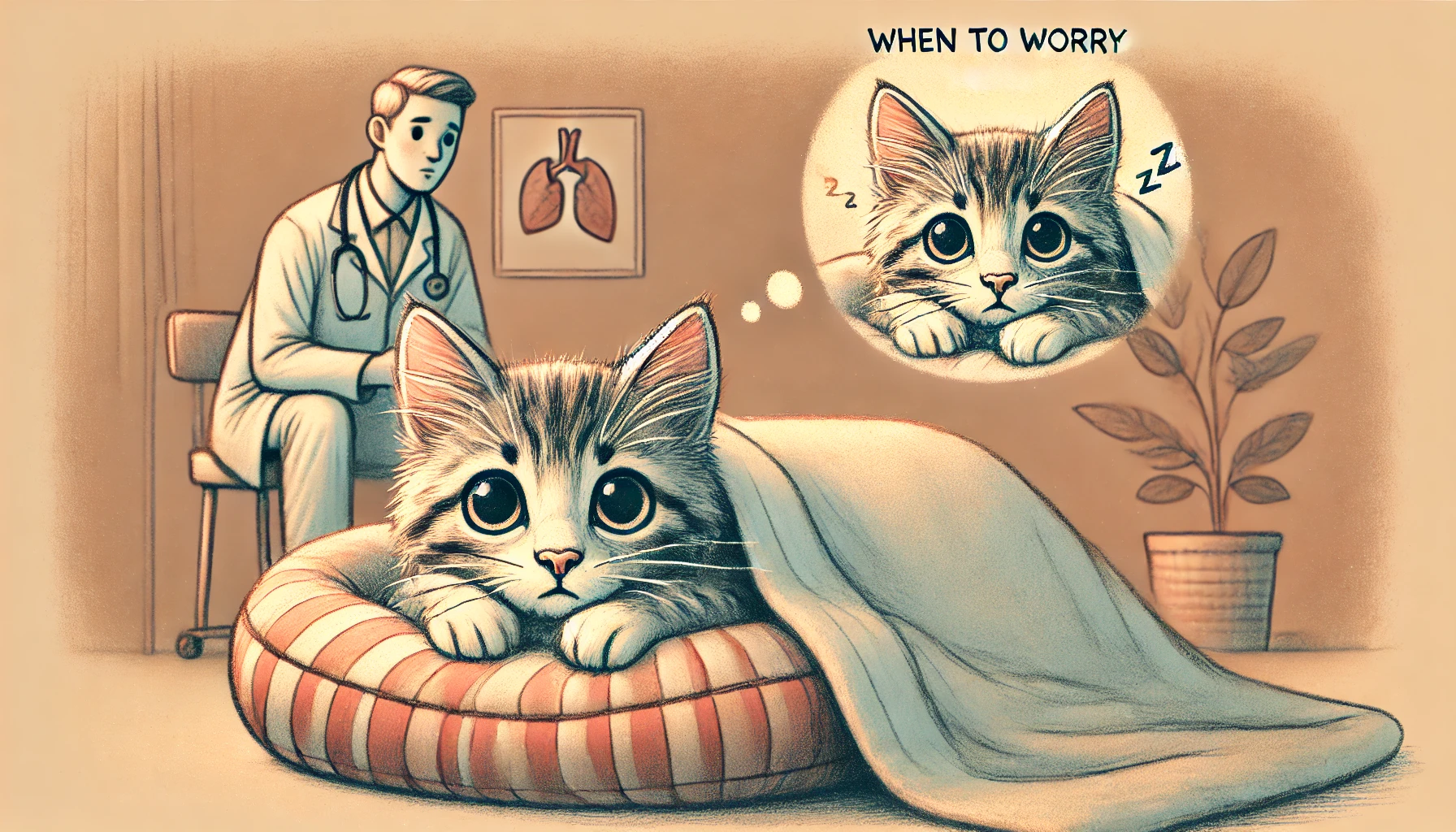A scene depicting a concerned kitten with wide eyes in its bed, suggesting it's not sleeping well.