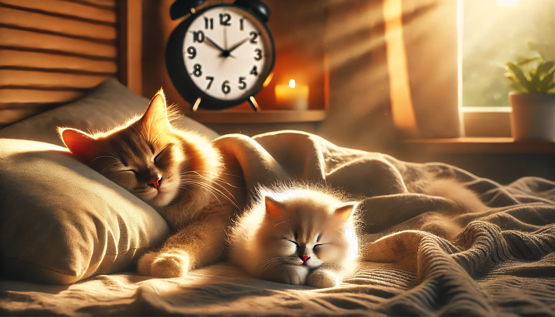 A scene depicting a fluffy kitten napping in a cozy corner with an adult cat lounging nearby, illustrating the sleep needs of kittens versus adults.