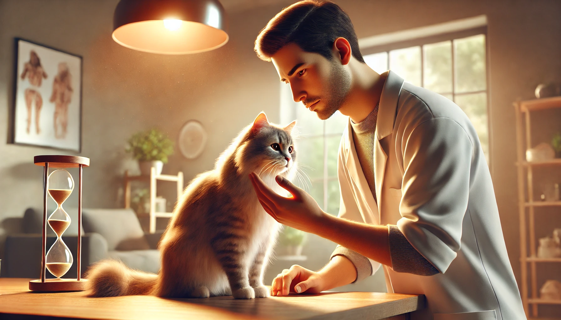 A pet owner observing their cat closely, assessing its coat and body in a comfortable home setting.