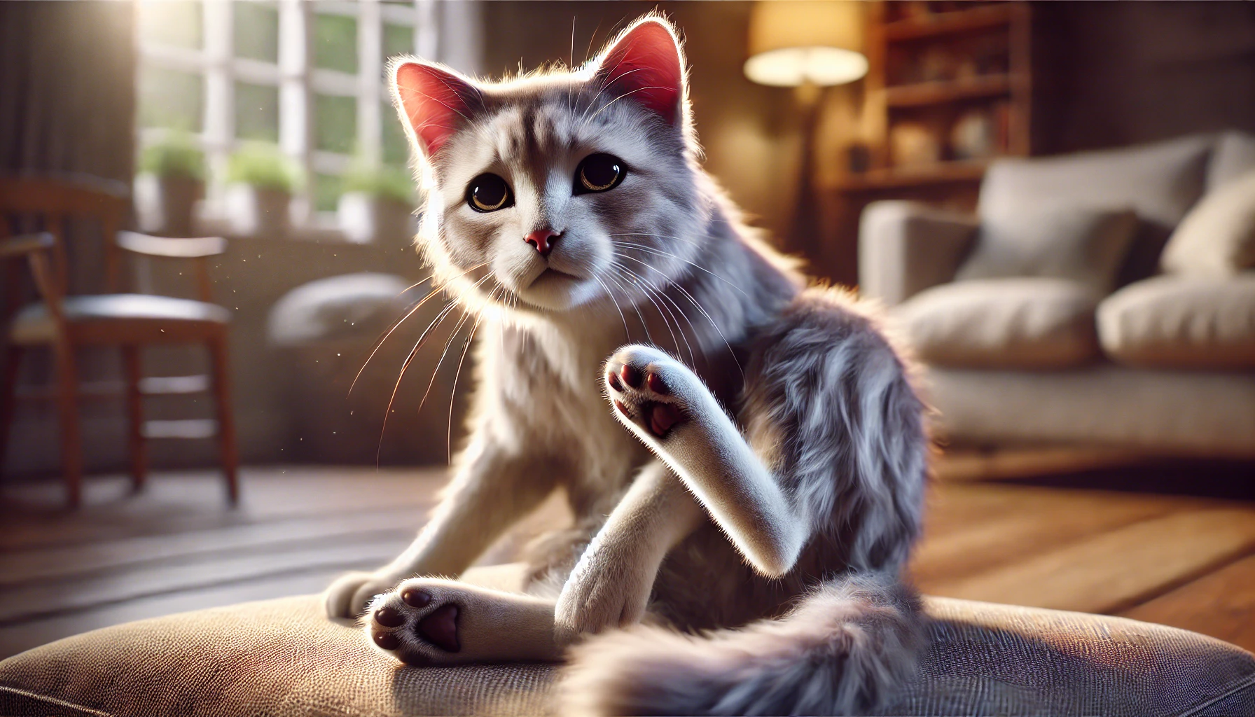 A cat showing signs of skin discomfort with raised fur and an agitated expression.