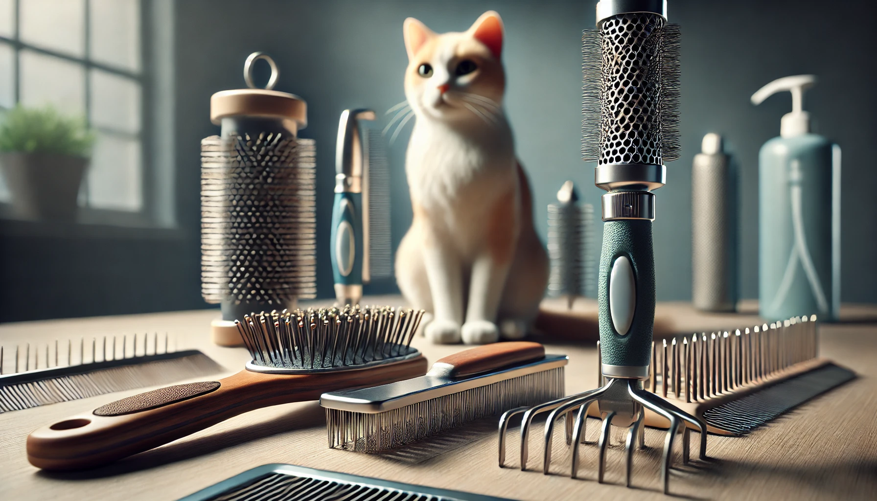 Close-up of various cat grooming brushes and combs, including a slicker brush, soft-bristle brush, and wide-tooth comb, arranged on a grooming table.