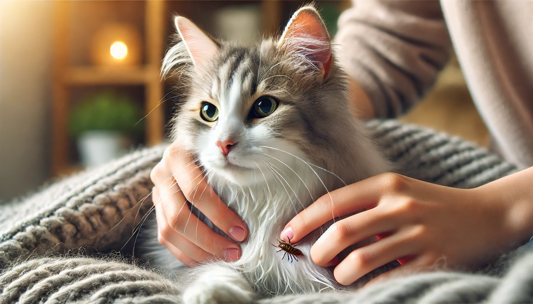 Close-up of a cat being gently examined for parasites with a hand parting its fur.
