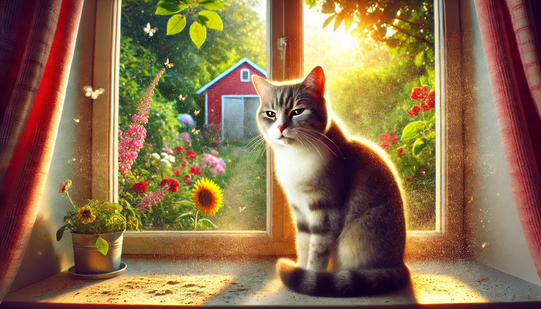 A cat sitting on a windowsill looking out at a garden with visible dust and pollen in the air.