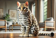 A realistic, detailed image of an Ocicat cat with a spotted coat resembling a wild ocelot in a cozy indoor setting.