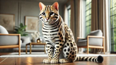 A realistic, detailed image of an Ocicat cat with a spotted coat resembling a wild ocelot in a cozy indoor setting.