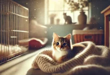 A peaceful shelter cat resting on a blanket in a warm, sunlit space.