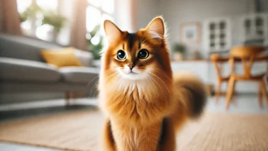 An energetic Somali cat with a fox-like appearance in a cozy, bright home setting.