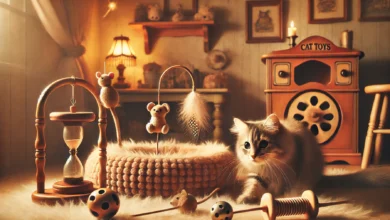 A cozy, vintage-styled room with classic cat toys and a playful cat interacting with a toy