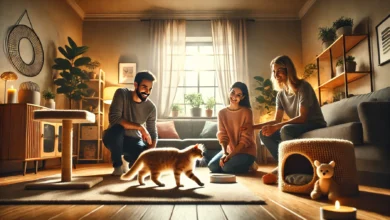 A cozy scene of a family adopting a cat in a warm, inviting living room.