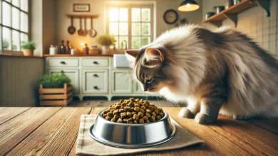A cozy kitchen setting with a bowl of hypoallergenic cat food and a healthy, fluffy cat sniffing it.