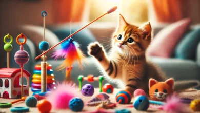 A curious kitten playing with colorful toys like feather wands and small balls in a cozy indoor setting.