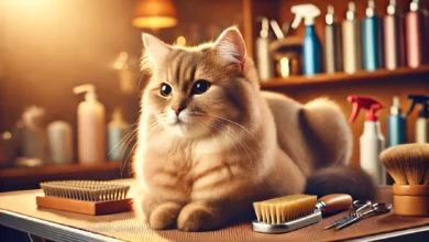 Close-up of a calm, well-groomed cat sitting on a grooming table with blurred grooming tools in the background.