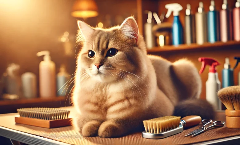 Close-up of a calm, well-groomed cat sitting on a grooming table with blurred grooming tools in the background.