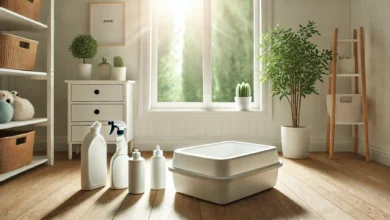 A clean litter box in a bright room with pet-safe cleaning products and plants around it.