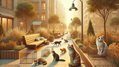 Group of community cats in a peaceful urban setting, some resting on benches and others exploring, with humane traps subtly placed.