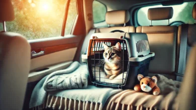 A cat sitting calmly in a pet carrier on the back seat of a car with soft sunlight streaming in.