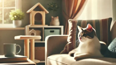 A relaxed cat lounging in a cozy, naturally lit living room, symbolizing health and well-being in a peaceful home setting.