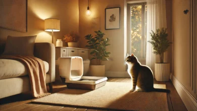 A cozy indoor scene with a curious cat looking at a litter box in a neatly decorated corner with a potted plant and soft lighting.