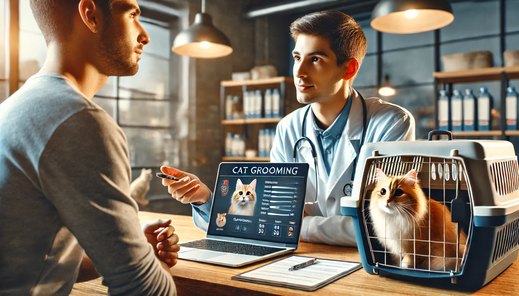 A veterinarian answering a pet owner's questions about cat grooming and skin health.